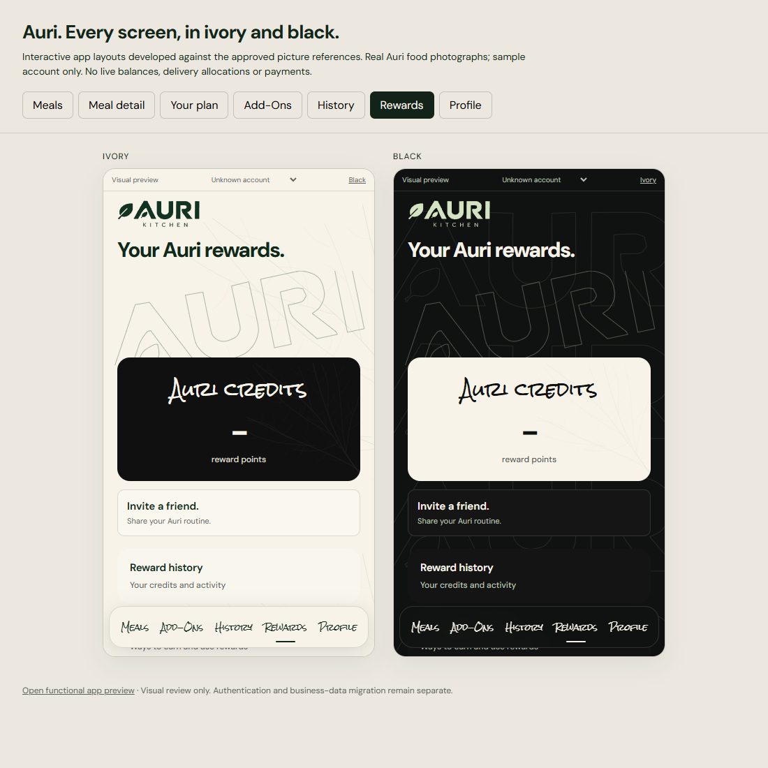 Approved AURI web app rewards screen preview
