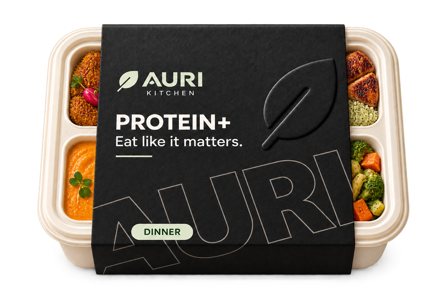 Auri Protein+ meal box with black sleeve